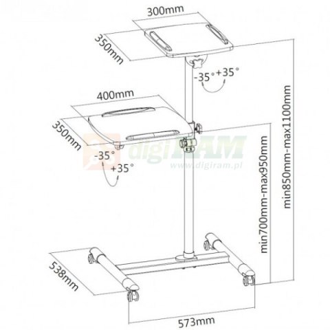 Stolik do projektora mobilny wysoki biały dwie półki