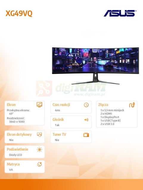 Monitor 49 XG49VQ VA 32:9 (3840 x 1080) ROG Strix 144Hz 4ms 1200nit 125% sRGB HDR400 HDMI DP USB B 2xUSB3.0 GŁOŚNIK
