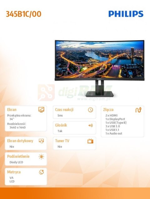 Monitor 345B1C 34'' Curved VA HDMIx2 DPx2