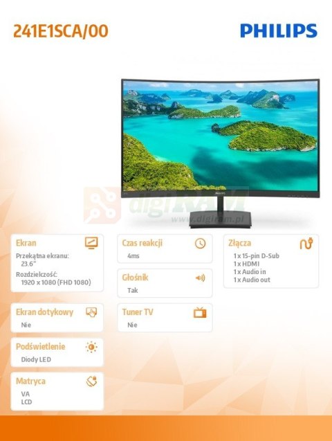 Monitor 241E1SCA 23.6 cali VA HDMI Głośniki