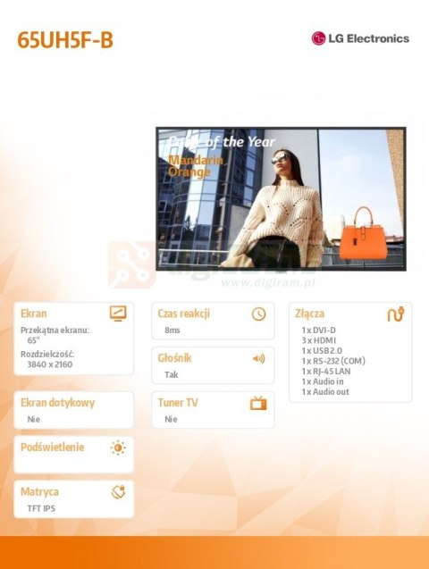 Monitor 65UH5F-H 500cd/m2 UHD IPS 24/7