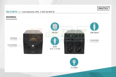 Zasilacz awaryjny UPS Line-Ineractive LCD, 1000VA/600W