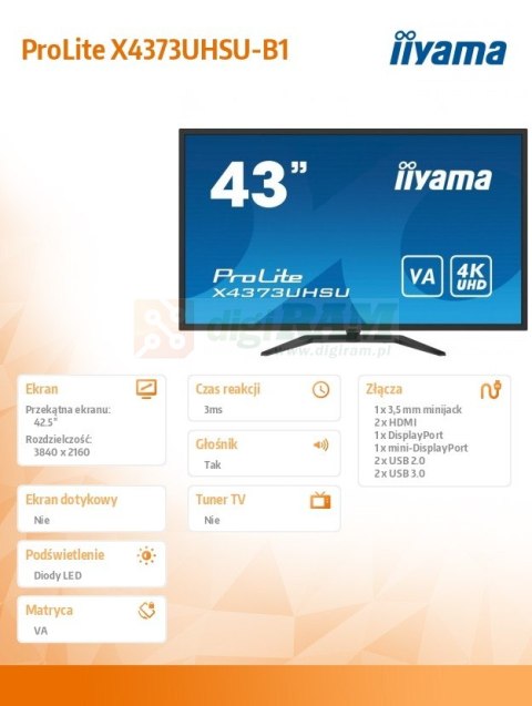 Monitor wielkoformatowy 43 cale X4373UHSU-B1 4K, VA, 2xHDMI, DP, mDP, 3ms, 2x7W, USBx4