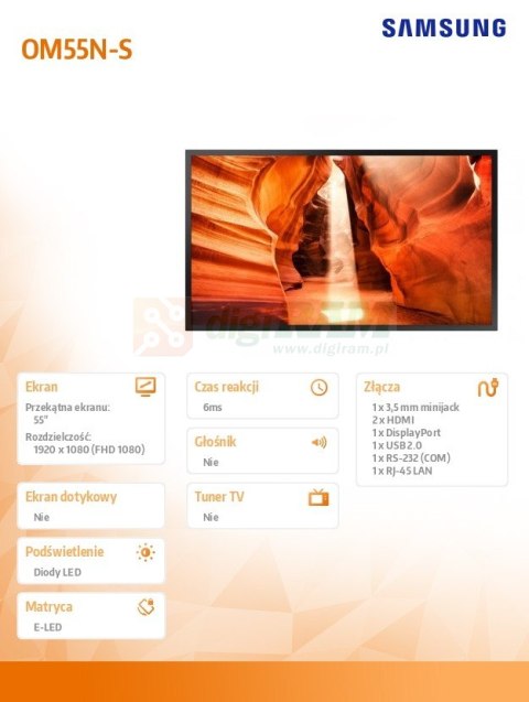 Monitor profesjonalny OM55N-S 55 cali Błyszczący 24h/7 4000(cd/m2) 1920x1080 (FHD) S6 Player (Tizen 4.0) Wi-Fi 3 lata d2d (LH55O