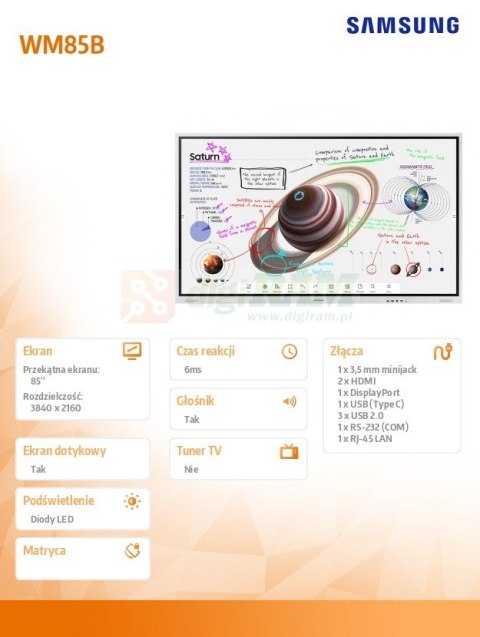 Monitor profesjonalny WM85B Flip PRO 85 cali Dotykowa 16h/7 350(cd/m2) 3840 x 2160 (UHD) Flip App WiFi/BT 3 lata d2d (LH85WMBWLG