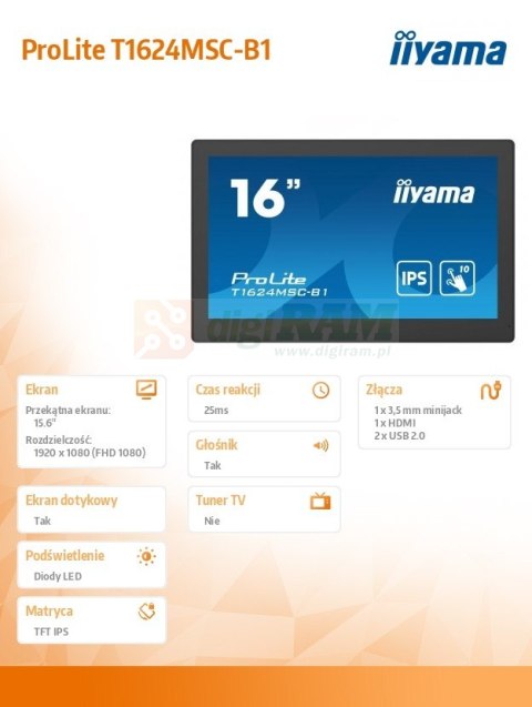Monitor 15.6 cali T1624MSC-B1 IPS,poj.10pkt.450cd,24/7,media player,6H