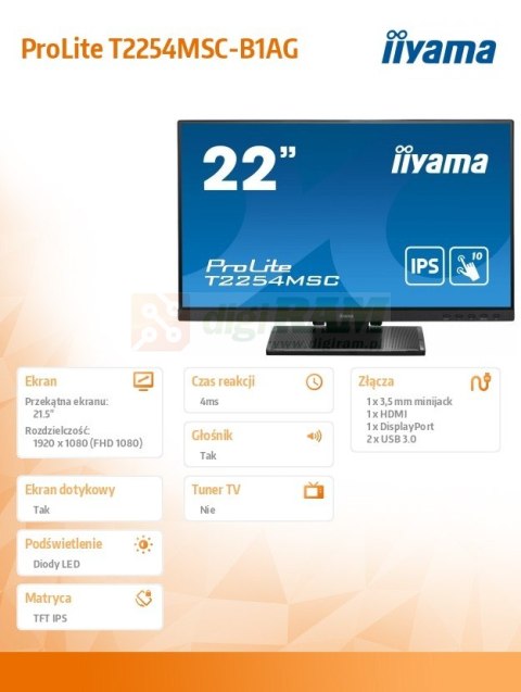 Monitor 21.5 cala T2254MSC-B1AG pojemnościowa 10 punktów, IPS, powłoka AG