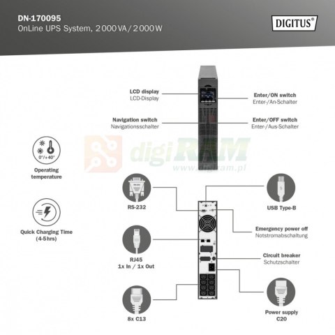 Zasilacz awaryjny UPS Online Rack 19" LCD, 2000VA/2000W, 4x12V/9Ah, 8xC13, USB, RS232, RJ45