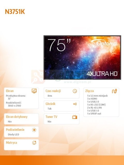 Monitor wielkoformatowy 75 cali IFPD N3751K H1F2C0GBW101