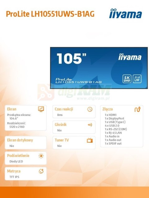 Monitor profesjonalny 104.7 cala LH10551UWS-B1AG 21:9,24/7,IPS,SLIM,USB-C, 2x10W, SLOT OPC,PION/POZIOM,DAISY CHAIN,4xUSB,HDMI,DP