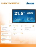 Monitor wielkoformatowy 21.5 cala TF2238MSC-B1 IPS,FHD,DP,HDMI,2x2W,2xUSB,600(cd/m2), 10pkt.7H,IP1X(Front),Pion/Poziom