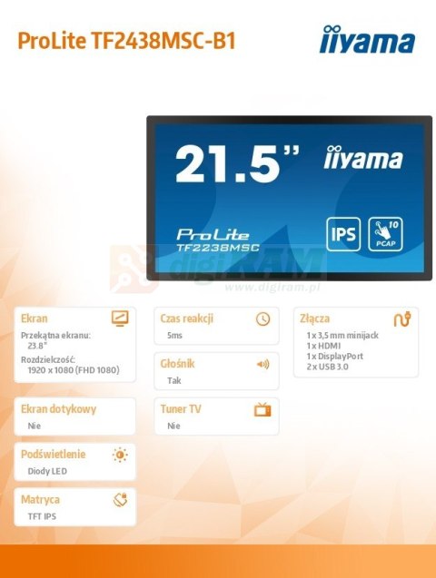 Monitor wielkoformatowy 23.8 cala TF2438MSC-B1 IPS,FHD,DP,HDMI,2x2W,2xUSB,600(cd/m2), 10pkt.7H,IP1X(Front),Pion/Poziom