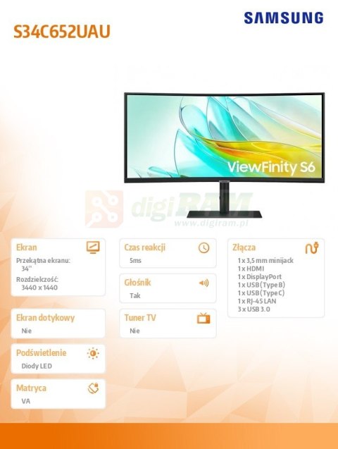 Monitor 34 cale LS34C652UAUXEN VA 3440x1440 UWQHD 21:9 1xHDMI 1xDP 1xUSB-C(90W) 3xUSB 3.0 LAN (RJ45) 5ms 100Hz HAS+PIVOT zakrzyw