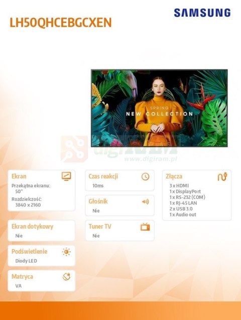 Monitor profesjonalny QH50C 50 cali Matowy 24h/7 700(cd/m2) 3840 x 2160 (UHD) S10 Player (Tizen 7) WiFi/BT 3 lata d2d (LH50QHCEB