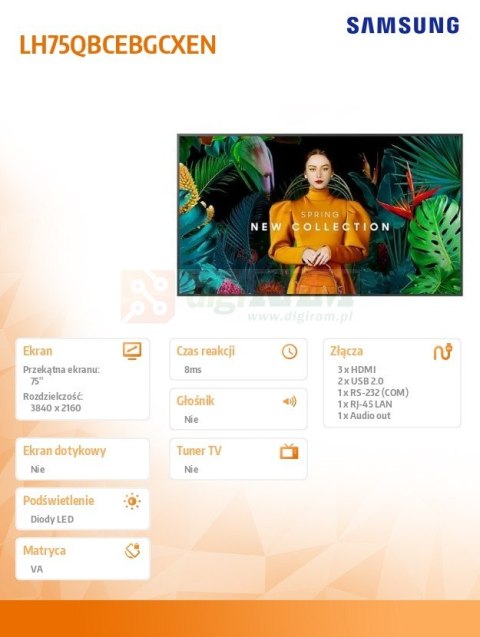 Monitor profesjonalny QB75C 75 cali Błyszczący 16h/7 350(cd/m2) 3840x2160 (UHD) S10 Player (Tizen 7) Wi-Fi/BT 3 lata d2d (LH75QB