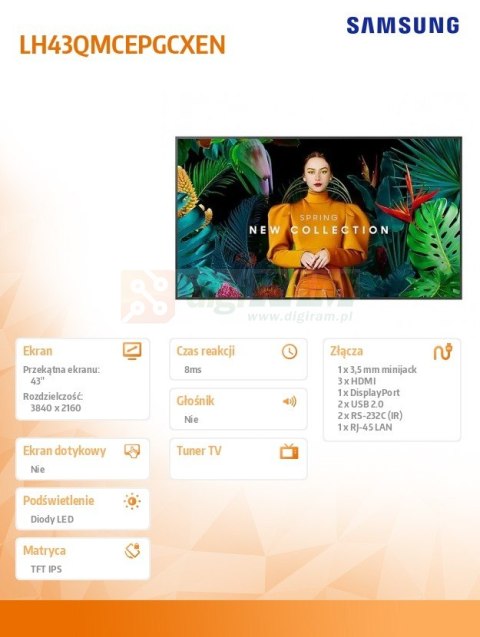 Monitor profesjonalny QM43C 43 cale Matowy 24h/7 500(cd/m2) 3840x2160 (UHD) S10 Player (Tizen 7, VXT Ready) WiFi/BT 3 lata OnSit