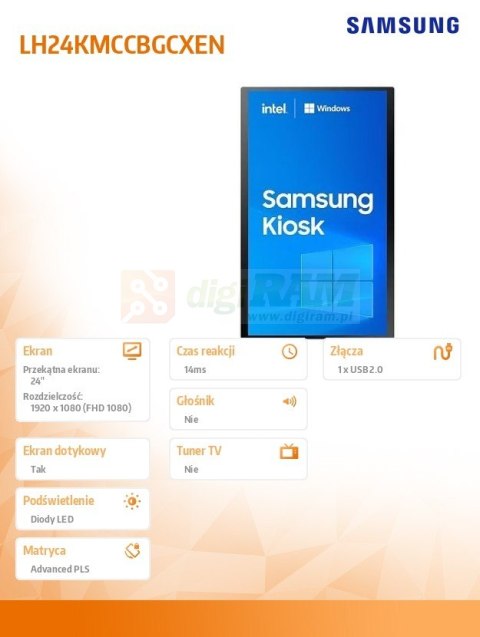 Monitor profesjonalny KIOSK KM24C 24 cale Matowy, Dotykowa 16h/7 250(cd/m2) 1920 x 1080(FHD) Win10 IoT Celeron 3 lata d2d (LH24K