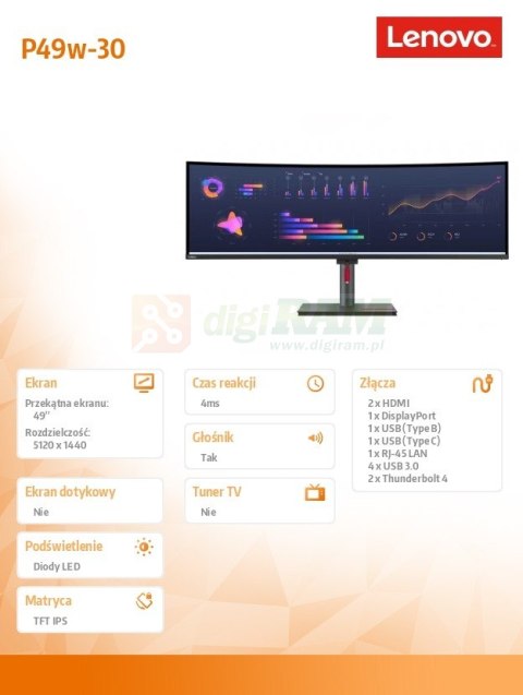 Monitor 49.0 cali ThinkVision P49w-30 WLED 63DBRAT1EU