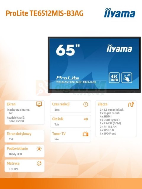 Monitor 65 cali ProLite TE6512MIS-B3 AG,40pkt,IPS,4K,24/7