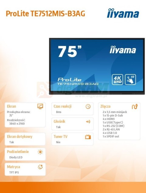 Monitor 75 cali ProLite TE7512MIS-B3 AG,INFRARED,40pkt,IPS,4K