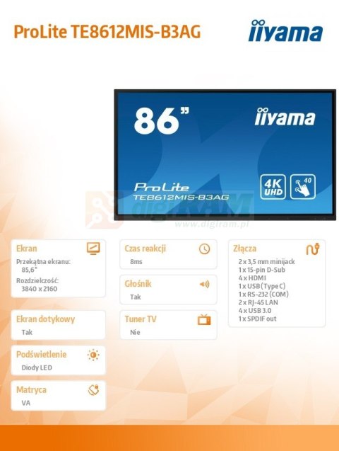 Monitor 85.6 cala ProLite TE8612MIS-B3AG,INFRARED,40pkt,VA,4K