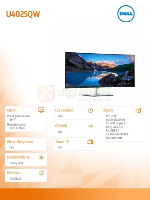 Monitor U4025QW 39,7 cala Curved/WUHD/5120x2160/21:9/HDMI/DP/Thunderbolt/USB/USB-C/Speakers/3Y PPG