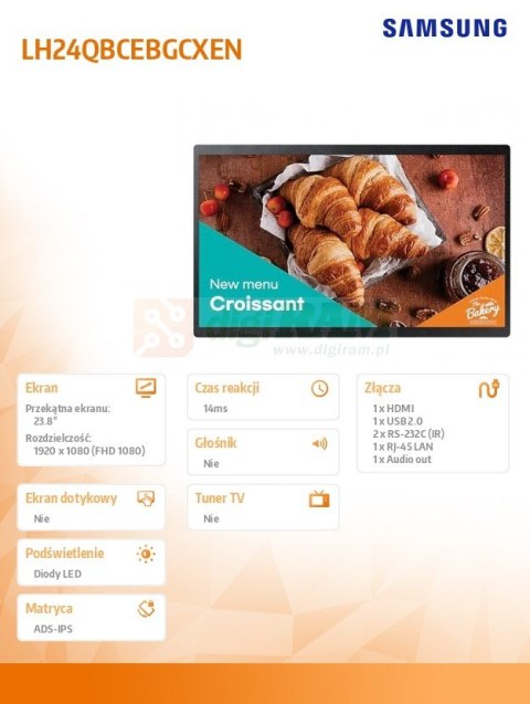 Monitor profesjonalny QB24C 24 cali Matowy Dotykowy 16h/7 250(cd/m2) 1920x1080(FHD) S10 Player (Tizen 7, VXT Ready) WiFi/BT 3 la