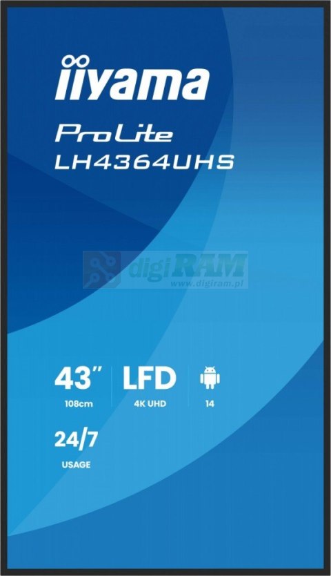 Monitor 43 cale LH4364UHS-B1AG 24/7,VA,ANDROID14,4K,500cd,4000:1,2xHDMI,USB-C,RJ45, RS-232c, IR, 2x10W, 2xUSB, UCHWYT ŚCIENNY