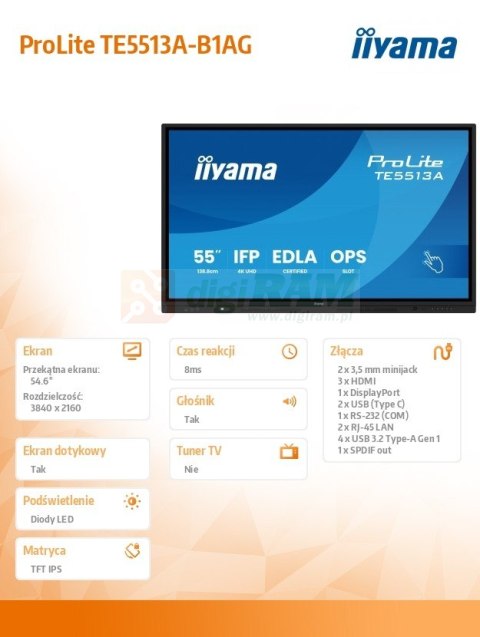 Monitor 55 cali TE5513A-B1AG INFRARED,40pkt,IPS,4K,7H,450cd/m2, WiFi,USB, ANDROID 14, Google EDLA,2x20W, UCHWYT CIENNY