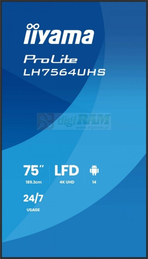 Monitor 75 cali LH7564UHS-B1AG, 24/7,VA,ANDROID14,4K,500cd,5000:1, 2xHDMI ,USB-C,RJ45, RS-232c, IR, 2x10W, 2xUSB, UCHWYT ŚCIE