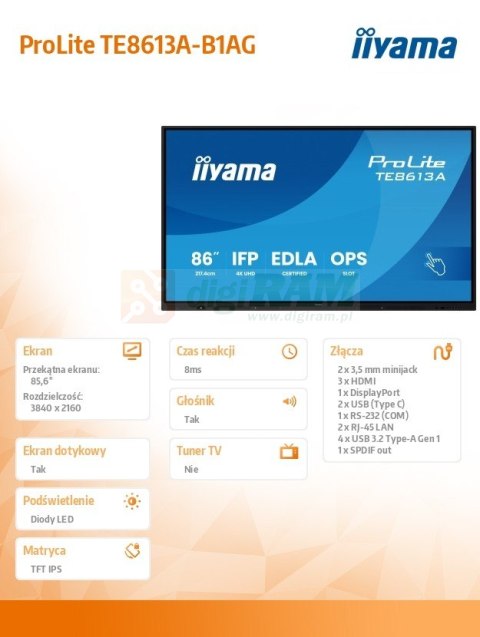 Monitor 86 cali TE8613A-B1AG INFRARED,40pkt,IPS,4K,7H,450cd/m2, WiFi,USB, ANDROID 14, Google EDLA,2x20W, UCHWYT CIENNY