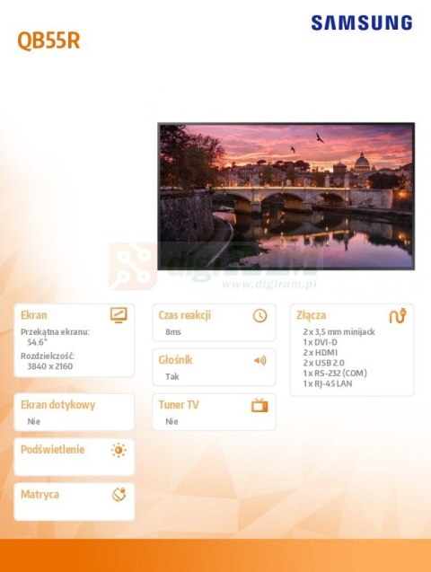 Monitor profesjonalny QB55R 55 cali Błyszczący 16h/7 350(cd/m2) 3840x2160 (UHD) S6 Player (Tizen 4.0) Wi-Fi/BT 3 lata d2d (LH55