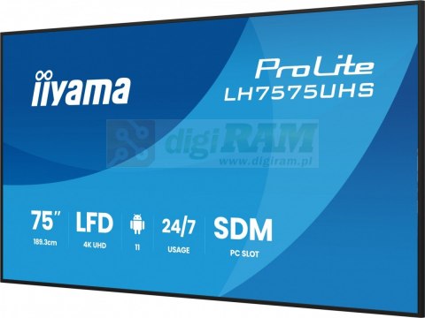 Monitor 75 cali LH7575UHS-B2AG,24/7,IPS,ANDROID.11,4K, WiFi, iiSignage2, FailOver, EShare, 24/7, full daisy chain
