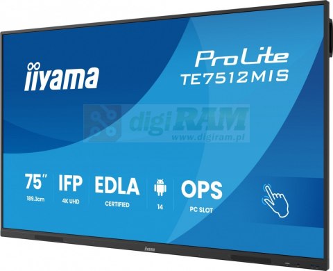 Monitor 75 cali TE7512MIS-B4AG 40pkt,IPS,4K,24/7,7H, ANDROID 14, RK3576, 8/128GB, EDLA, Essential