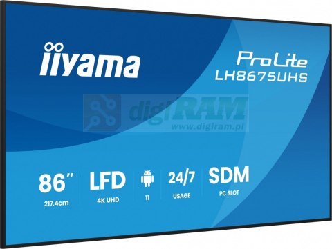 Monitor 86 cali LH8675UHS-B2AG,24/7,IPS,ANDROID.11,4K, WiFi, iiSignage2, FailOver, EShare, 24/7, full daisy chain