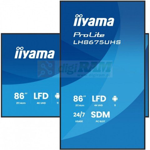 Monitor 86 cali LH8675UHS-B2AG,24/7,IPS,ANDROID.11,4K, WiFi, iiSignage2, FailOver, EShare, 24/7, full daisy chain