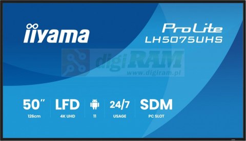 Monitor 50 cali LH5075UHS-B2AG,24/7,VA,ANDROID.11,4K,500cd,3xHDMI,DP, RJ45,2x10W,2xUSB,WiFi,4/32GB,24/7,A311D2, full daisy chain