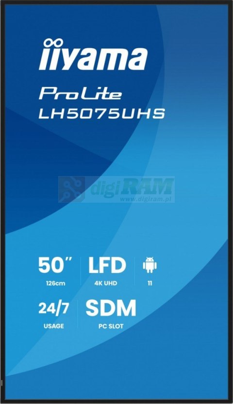 Monitor 50 cali LH5075UHS-B2AG,24/7,VA,ANDROID.11,4K,500cd,3xHDMI,DP, RJ45,2x10W,2xUSB,WiFi,4/32GB,24/7,A311D2, full daisy chain
