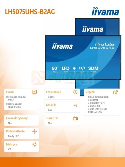 Monitor 50 cali LH5075UHS-B2AG,24/7,VA,ANDROID.11,4K,500cd,3xHDMI,DP, RJ45,2x10W,2xUSB,WiFi,4/32GB,24/7,A311D2, full daisy chain