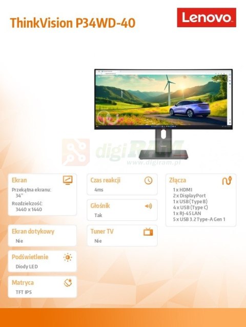 Monitor ThinkVision P34WD-40 34 cale 64ADZAT1EU