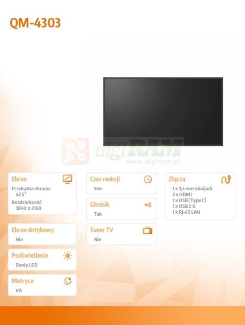 Monitor wielkoformatowy 43 cale QM-4303 4K VA UHD 24/7 500NIT