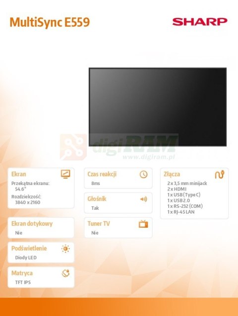 Monitor wielkoformatowy MultiSync E559 55 cali UHD 16/7 350cd/m2