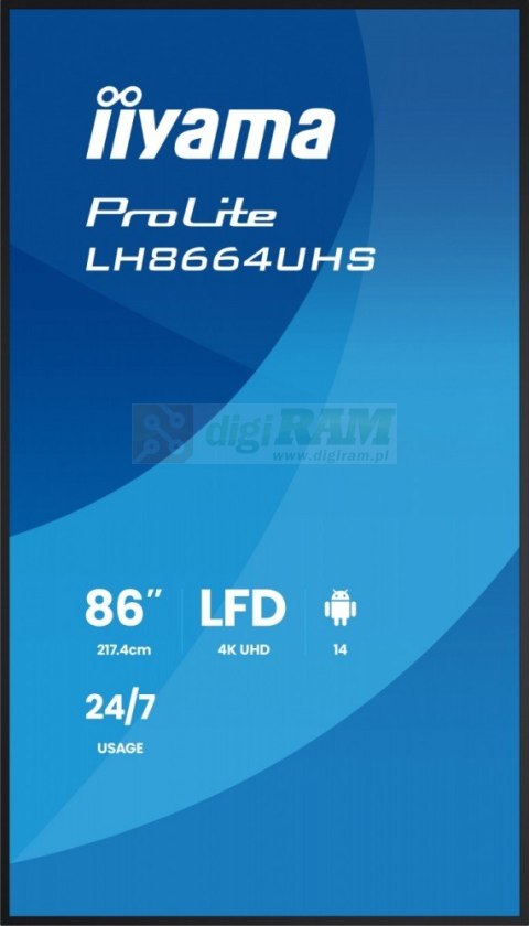 Monitor 86 cali LH8664UHS-B3AG 24/7,IPS,ANDROID 14,4K,2xHDMI,RJ45, 2xUSB,WiF,iUSB-C(DP-Alt),2x16W, iiSignage? (CMS), iiContro