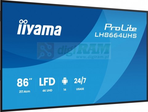 Monitor 86 cali LH8664UHS-B3AG 24/7,IPS,ANDROID 14,4K,2xHDMI,RJ45, 2xUSB,WiF,iUSB-C(DP-Alt),2x16W, iiSignage? (CMS), iiContro