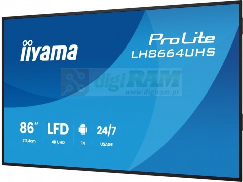 Monitor 86 cali LH8664UHS-B3AG 24/7,IPS,ANDROID 14,4K,2xHDMI,RJ45, 2xUSB,WiF,iUSB-C(DP-Alt),2x16W, iiSignage? (CMS), iiContro