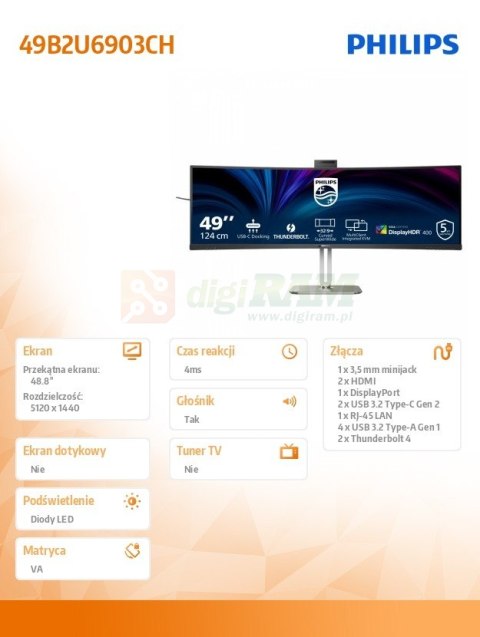 Monitor wielkoformatowy 48.8 cala 49B2U6903CH VA HDMIx2 DP RJ45 HAS Thunderbolt 4
