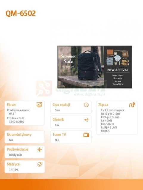 Monitor 65 cali QM-6502 4K UHD IPS 400cd/m2 4000:1