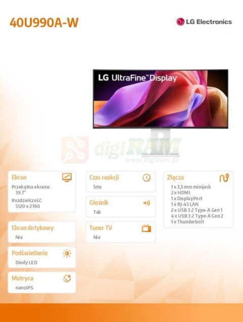 Monitor wielkoformatowy 40 cali 40U990A-W