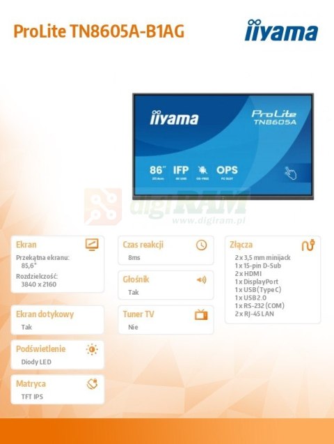 Monitor 86 cali TN8605A-B1AG IPS,4K,40pkt,500cd,nonOS,1200:1,5ms, DeepContrast-IR+, 1xVGA,2xHDMI,DP,USB-C(PD65W),2xRJ45,2x20W