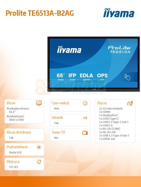 Monitor interaktywny 65 cali TE6513A-B2AG INFRARED,40pkt,IPS,4K,7H,500cd/m2, WiFi,USB, ANDROID 14, Google EDLA,2x20W, UCHWY